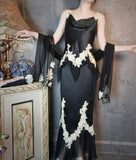 Vintage Mermaid Spaghetti Strap Appliques Black Chiffon Satin Party Dress HZ1023