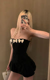 Cute A Line Strapless Black Satin Mini Homecoming Dress with White Bow HZ1023