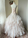 Princess A Line Sweetheart Neck Rhinestone Tiered Light Pink Tulle Party Dress Birthday Dress HZ1023