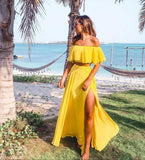 Yellow Two Piece Split Slit Prom Dress Long Evening Dress HZ1023