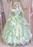Exquisite Light Green Floral A Line Beaded Tulle Prom Dress Party Dress HZ1023