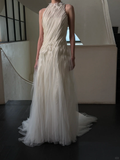 Unique A Line Ivory Layered Chiffon Tulle Long Prom Dress Wedding Dress HZ1023
