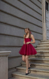 Burgundy A Line Strapless Satin Tulle Mini Homecoming Dress Cocktail Dress HZ1023