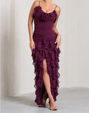 Burgundy Brick Sheath Spaghetti Straps Layered Chiffon Long Prom Dress Evening Dress with Slit HZ1023