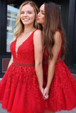 Red Lace Applique Beaded Homecoming Dresses V Neck Tulle Short Prom Dress HZ1023