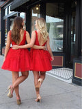 Red Lace Applique Beaded Homecoming Dresses V Neck Tulle Short Prom Dress HZ1023