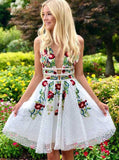 Charming A-line Lace Floral Appliques V Neck Short Homecoming Dress HZ1023