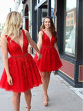 Red Lace Applique Beaded Homecoming Dresses V Neck Tulle Short Prom Dress HZ1023