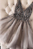 Luxurious Sequins Beaded V-neck Tulle Short Gray Homecoming Dresses HZ1023