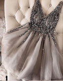 Luxurious Sequins Beaded V-neck Tulle Short Gray Homecoming Dresses HZ1023