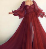 Tulle Evening Dress, Long Sleeves Long Prom Dress HZ1023