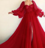 Tulle Evening Dress, Long Sleeves Long Prom Dress HZ1023
