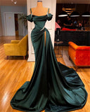 Sexy Dark Green Satin Mermaid Prom Dresses 2025 Spaghetti Straps Pleats Seep Train Formal Evening Occasion Pageant Gowns HZ1023