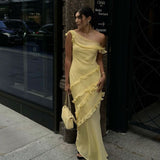 Pretty Yellow Sheath Strap Ruffle Chiffon Long Vacation Dress Outfits HZ1023