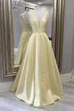 Yellow satin long A line prom dress simple evening dress HZ1023