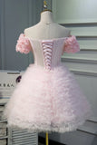 Pink A Line Tulle Homecoming Dresses With Flower Appliques HZ1023