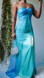 Vintage A Line Halter Blue Chiffon Satin Long Prom Dress Graduation Prom Dress HZ1023