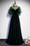 Deep Green Tulle Velvet Cap Sleeve Long Dress Customize Formal Prom Dress HZ1023