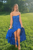Mermaid Strapless Royal Blue Lace Satin Prom Dress with Slit HZ1023