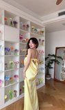 Simple Yellow Bow Mermaid Strapless Satin Open Back Prom Dress Wedding Guest Dress HZ1023