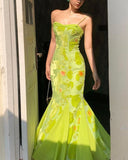 Pretty Mermaid Spaghetti Strap Print Flower Green Satin Chiffon Party Dress Evening Dress HZ1023