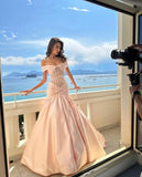 Elegant Mermaid Off the Shoulder Pink Lace Satin Prom Dress Party Dress HZ1023