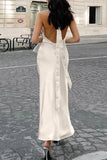 Simple Sheath Halter Light Champagne Satin Open Back Prom Dress Evening Dress HZ1023