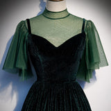 Deep Green Tulle Velvet Cap Sleeve Long Dress Customize Formal Prom Dress HZ1023