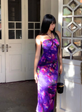 Sexy Purple Print Floral Sheath Halter Chiffon Long Prom Dress Party Dress HZ1023