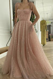 Pink tulle long A line prom dress pink evening dress HZ1023
