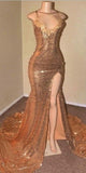 Sexy Gold Sequin Spaghetti-Straps Slit Prom Dresses HZ1023