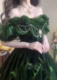 Green Exquisite Ball Gown Off the Shoulder Velvet Long Party Dress Prom Dress HZ1023