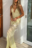 Sexy Sheath V Neck Light Yellow Sequin Chiffon Long Prom Evening Dress HZ1023