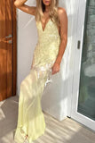 Sexy Sheath V Neck Light Yellow Sequin Chiffon Long Prom Evening Dress HZ1023