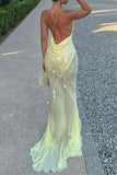 Sexy Sheath V Neck Light Yellow Sequin Chiffon Long Prom Evening Dress HZ1023