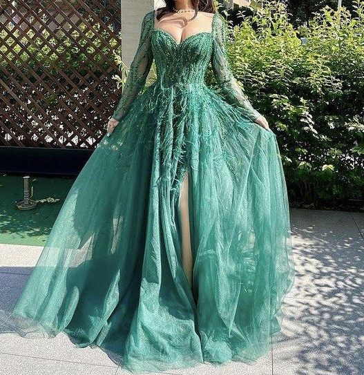 Blue Long Sleeves Slit Prom Dress Long Party Dress Evening Dress HZ1023