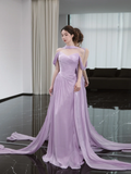 Gentle Purple A Line Off the Shoulder Pleated Satin Prom Dress Evening Dress HZ1023