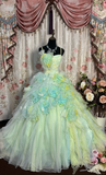 Green Ombre Ball Gown Spaghetti Strap Floral Tulle Long Prom Dress Evening Dress HZ1023