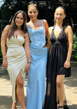 Elegant Blue Sheath Straps Corset Satin Long Prom Dress Evening Dress HZ1023