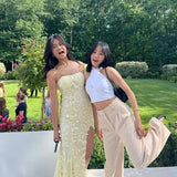 Pastel Yellow Sheath Strapless Applique Tulle Long Prom Dress With Side Slit HZ1023