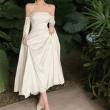 White Simple Clean A Line Halter Long Sleeve Satin Long Prom Dress Evening Dress HZ1023