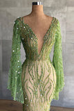 Sexy Deep V Neck Green Prom Dress Full Sleeve Crystals Sequined Mermaid Fashion Evening Gown Pageant Dresses HZ1023
