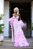 Stunning Sheath Strapless Beaded Satin Long Prom Dress Party Dress with Slit HZ1023