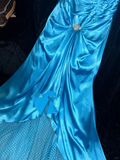 Stunning Mermaid Sweetheart Neck Beaded Sequin Blue Satin Long Prom Dress Evening Dress HZ1023