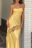 Sexy Satin Lace Splicing Long Evening Dress Yellow Prom Dress HZ1023