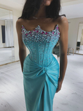 Gorgeous Sheath Strapless Pearl Beaded Blue Satin Prom Dress Evening Dress with Slit HZ1023