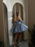 Blue Stunning A Line Off the Shoulder Sequin Tulle Homecoming Dress Cocktail Dress HZ1023