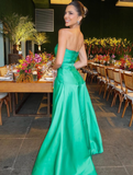 Elegant A Line Strapless Green Satin Long Prom Dress Evening Dress HZ1023