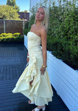 Mermaid Strapless Ruffle Light Yellow Satin Long Prom Dress Evening Dress HZ1023