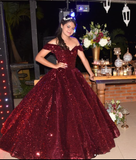Shiny Royal Blue Ball Gown Off the Shoulder Sequin Sweet 16 Dress Party Gowns Quinceanera Dresses HZ1023